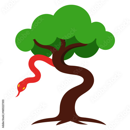 Stylized tree with a red snake wrapped around its trunk