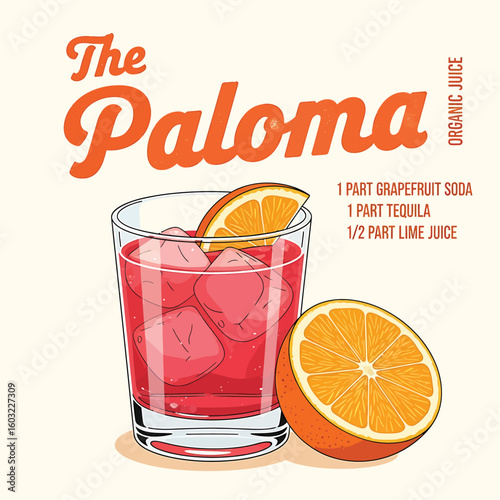 Vibrant Paloma cocktail recipe artfully crafted with grapefruit soda, tequila, and lime, garnished with fresh orange slices, perfect for bar decor or recipe sharing.