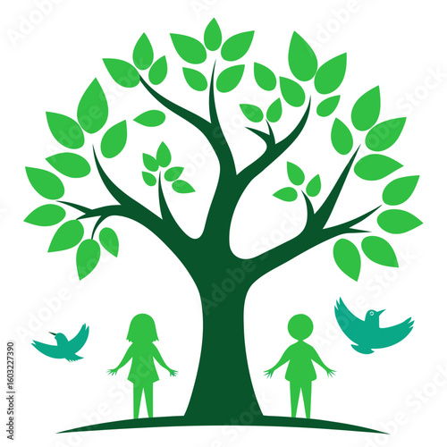 Children and birds under a green tree symbolizing growth and nature