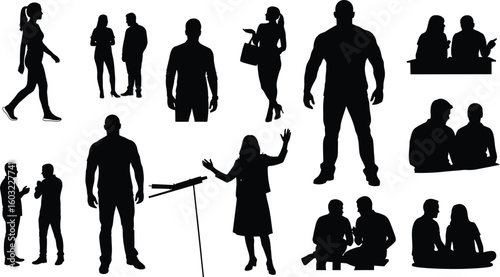 Vector silhouettes of diverse people, including fashion women, business men, and walking groups, form a versatile illustration set