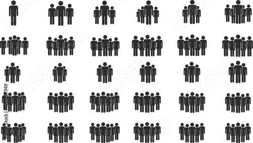 Set of vector silhouettes of people, with design elements of city, bar, tree, and hand shapes in a black grunge art pattern