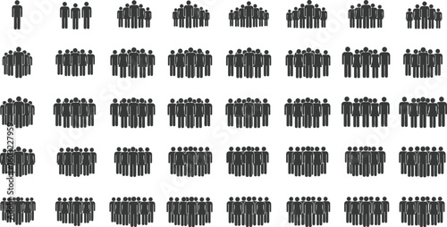 Set of vector silhouettes of people, with design elements of city, bar, tree, and hand shapes in a black grunge art pattern