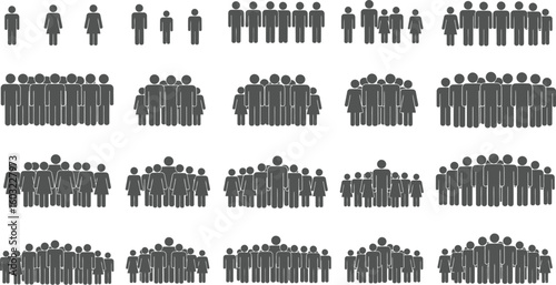 Set of vector silhouettes of people, with design elements of city, bar, tree, and hand shapes in a black grunge art pattern
