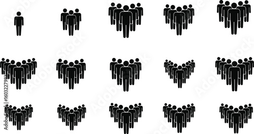 Set of vector silhouettes of people, with design elements of city, bar, tree, and hand shapes in a black grunge art pattern