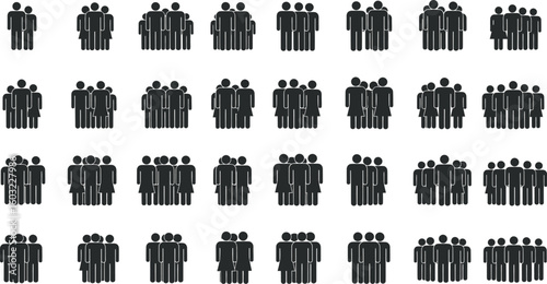 Set of vector silhouettes of people, with design elements of city, bar, tree, and hand shapes in a black grunge art pattern