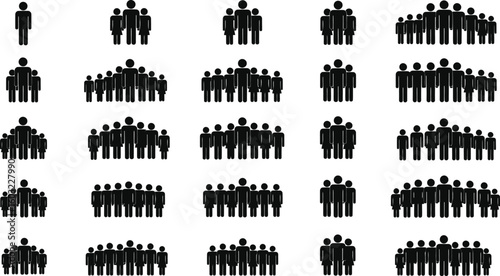 Set of vector silhouettes of people, with design elements of city, bar, tree, and hand shapes in a black grunge art pattern
