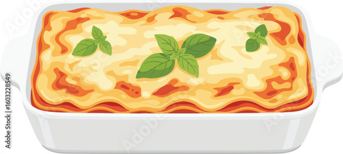 A rectangular white baking dish filled with lasagna topped with basil leaves on a white background