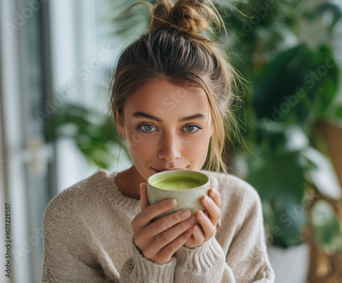 Woman Holding Cup of Green Matcha Tea in Cozy Indoor Setting