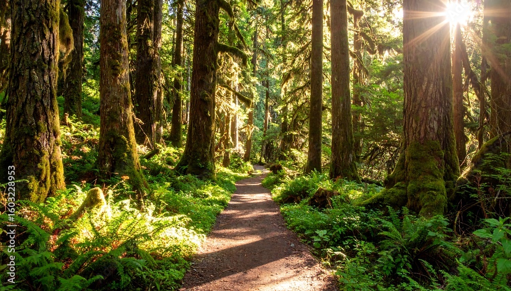 Fototapeta premium Sunlit pathway through an enchanting forest with lush greenery and towering trees