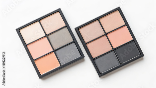 Two square makeup palettes with nine eyeshadow shades each isolated on transparent background