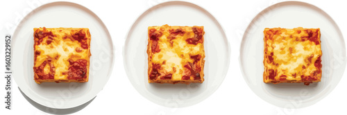 Three plates each containing a square portion of lasagna arranged on a white background surface