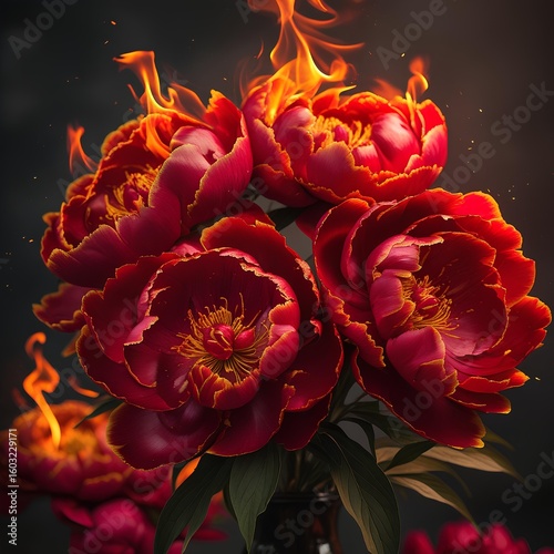 Burning Red Peonies explode in fiery brilliance, their petals aflame with vivid color 