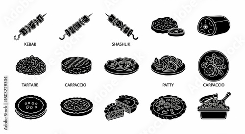 Meat Product Line Icon Set – Kebab, Shashlik, Ground Beef, Tartare, Carpaccio, Patty, Pie, Casserole Vector

