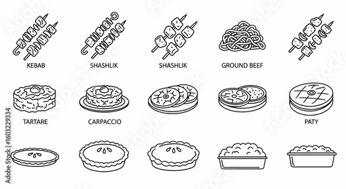 Meat Product Line Icon Set – Kebab, Shashlik, Ground Beef, Tartare, Carpaccio, Patty, Pie, Casserole Vector

