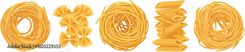 A variety of uncooked pasta shapes including tagliatelle farfalle and penne on a white background