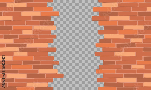 Broken brick wall, transparent background, red wall opening, damaged brick texture, urban grunge border illustration	