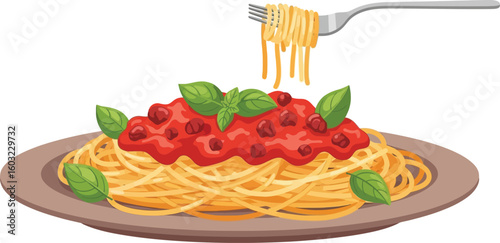Spaghetti with tomato sauce and basil leaves on a plate with a fork holding some spaghetti up