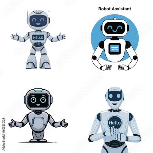 Friendly robot assistant character designs in various poses  