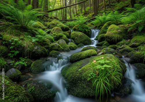 Serene Forest Stream with Mossy Rocks and Ferns