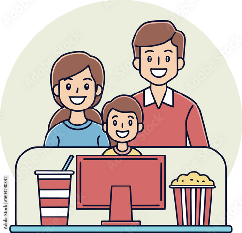 Family watching movie together with popcorn and drink on desk father mother