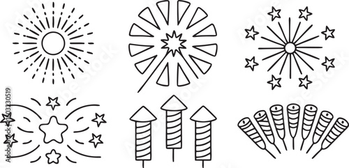 Isolated midnight fireworks party icon set, explosive firecracker, bright starburst, glowing night sky, excited crowd cheering, sparkling celebration design