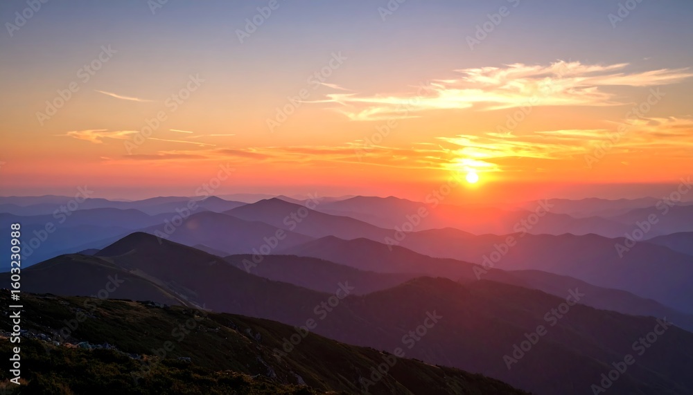 Fototapeta premium Panoramic sunset over mountain ranges