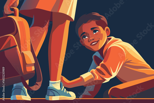 Boy helping classmate carry her backpack — kindness and care.