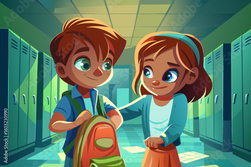 Boy helping classmate carry her backpack — kindness and care.