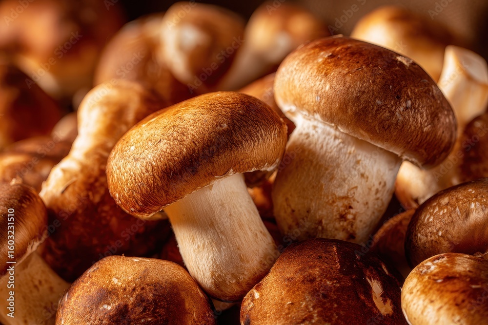Detailed view of a cluster of whole gourmet brown mushrooms Detailed view of a cluster of whole gourmet brown mushrooms