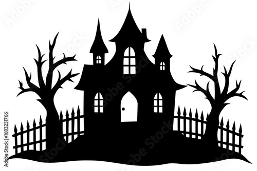 Eerie Spooky Mansion with Crooked Fence – Black Silhouette Horror Art