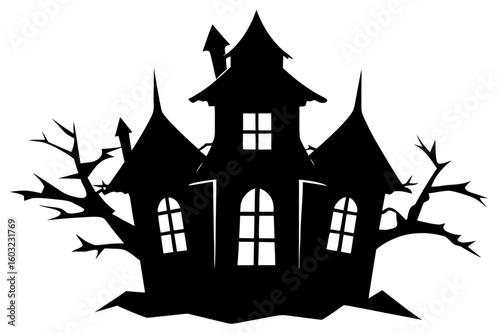 Spooky Graffiti Haunted House Vector Silhouette with Broken Windows