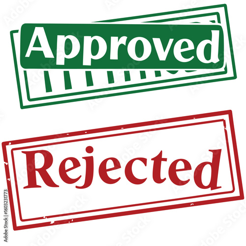 Green approved stamp lies above a red rejected stamp showing contrasting decisions