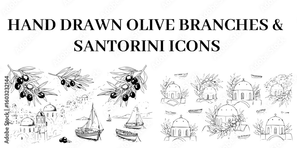 Obraz premium Hand drawn set of Greek Santorini icons featuring olive branches and traditional white houses isolated on a white background for travel guides.