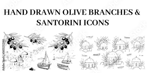 Hand drawn set of Greek Santorini icons featuring olive branches and traditional white houses isolated on a white background for travel guides.