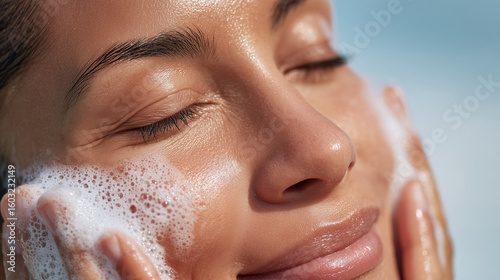Close-Up of Woman Washing Face with Foaming Cleanser for Healthy Skin