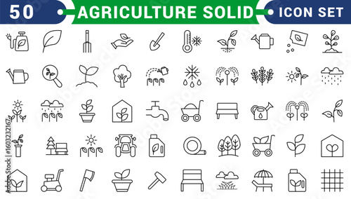 Sustainable agriculture solid icons set – eco-friendly farming, conservation, and gardening symbols: seedling, irrigation, organic, protection, recycling, watering can, pump, growth.