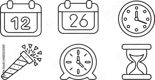 Isolated New Year countdown icons, calendar with date, clock striking midnight, digital countdown timer, party popper, glow sticks, celebration moment symbols