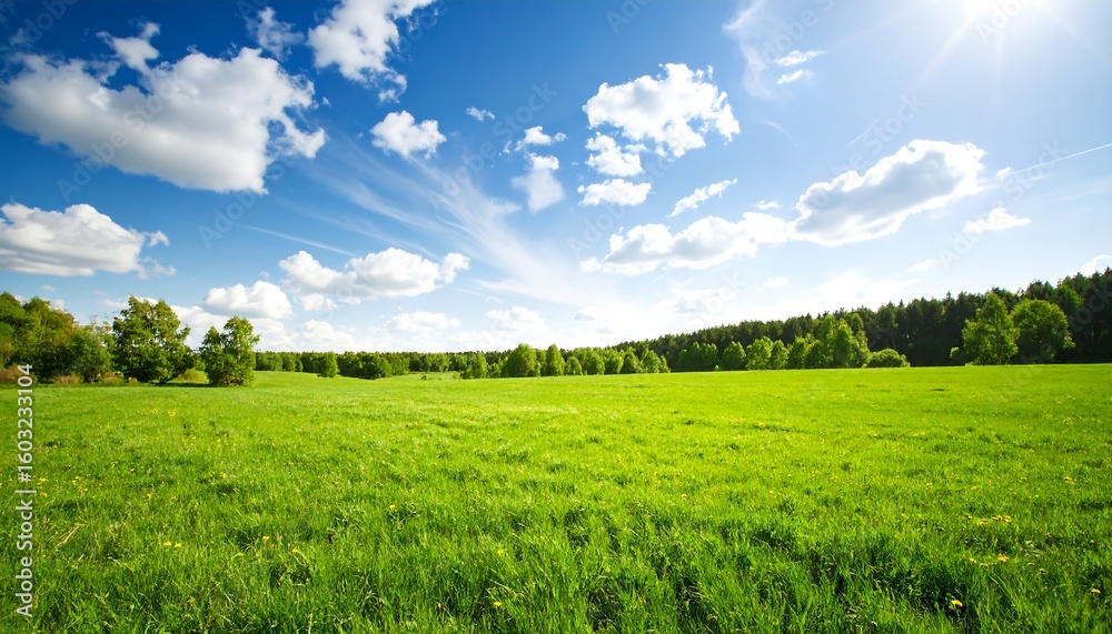 Obraz premium Vibrant green meadow under a bright blue sky with scattered clouds on sunny day