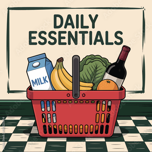 Stock up on freshness with a vibrant shopping basket overflowing with daily essentials like milk, fruits, vegetables, and wine, perfect for grocery store promotions and healthy living campaigns.