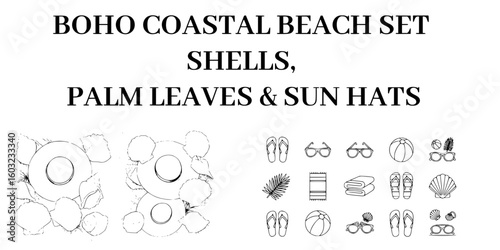 Boho coastal beach icon set displaying shells, sun hats, and palm leaves sketches isolated on a white background for summer branding.