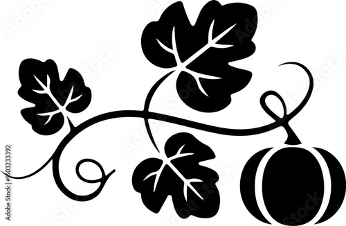 A minimalist logo design featuring Pumpkin Vine in a sleek silhouette vector style. The vine gracefully curves upward, displaying three vibrant green pumpkin leaves and a single nascent pumpkin. The