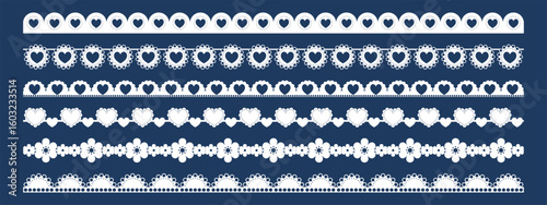 Scallop lace border with edge trim pattern for vector frame and crochet embroidery. White ornament on dark blue. Classic decorative style.