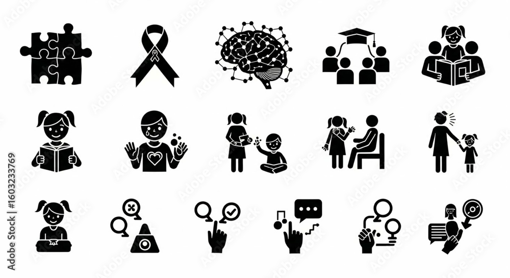 Fototapeta premium Autism Awareness and Neurodiversity Icon Set – Therapy, Behavior Signs, Inclusive Education, Communication Vector