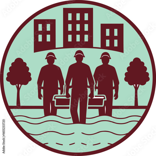 Three workers in hard hats carrying a stretcher through floodwaters with buildings and trees