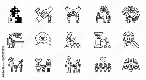 Autism Awareness and Neurodiversity Icon Set – Therapy, Behavior Signs, Inclusive Education, Communication Vector

