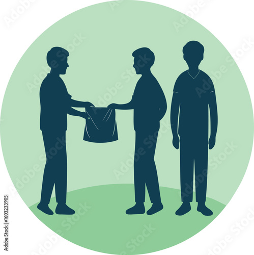 Two men exchanging a bag with a third man standing nearby people group