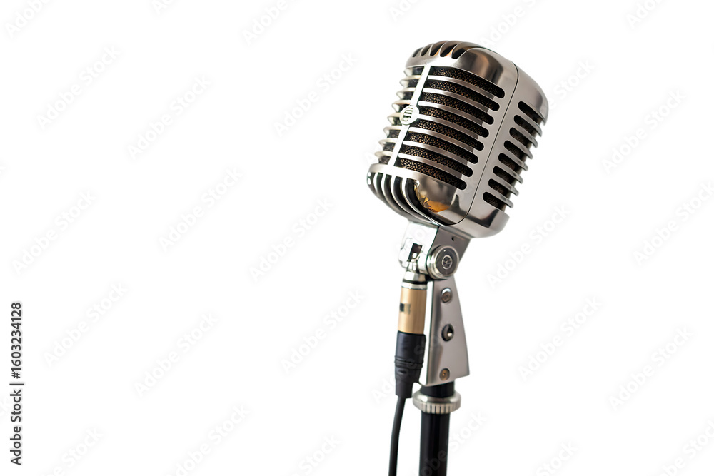 Fototapeta premium Classic Vintage Chrome Studio Microphone on Stand with Transparent Background PNG