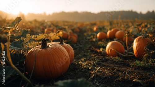 Idyllic Pumpkin Field at Sunset with Warm Autumn Colors