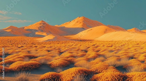 Verdant Desert Landscape: Sand Dunes and Sparse Orange Vegetation Under a Clear Sky