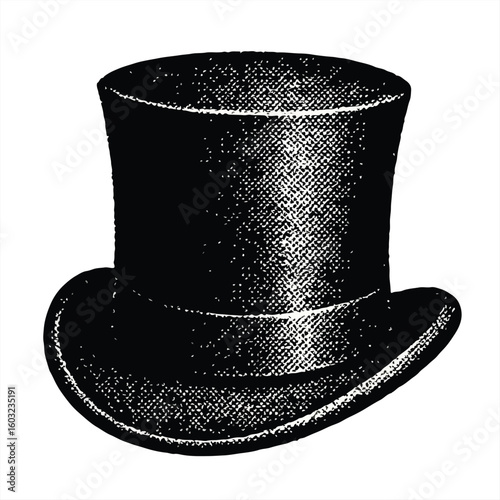 Retro halftone top hat illustration, ideal for stage show posters, magician themes, circus acts, theatrical performances, steampunk costumes, vintage fashion, and classic entertainment designs